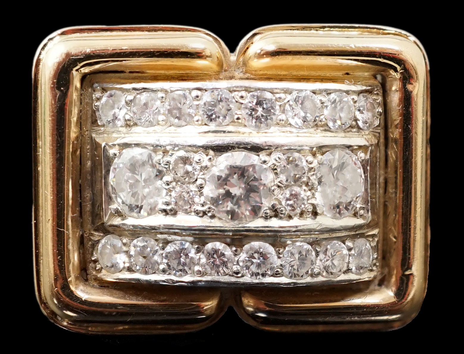 A mid 20th century gold and diamond cluster set rectangular dress ring